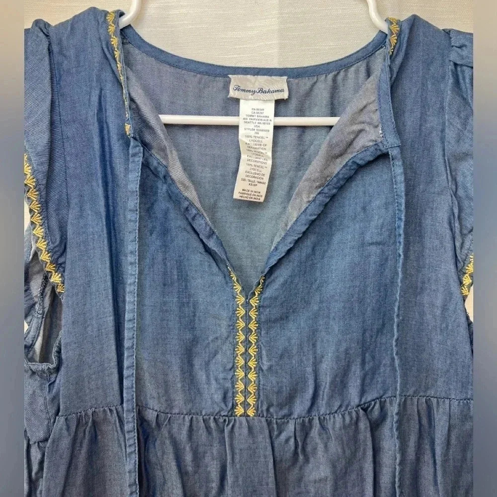 Tommy Bahama Women's Blue Boho Embroidered Tassel Tiered Tencel Dress - Picture 3 of 8